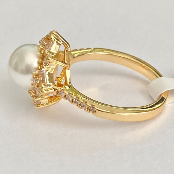 Art Deco Cubic Zirconia White Pearl Cocktail Ring Yellow Gold Plated Size 7 8 9 - Picture 7 of 15